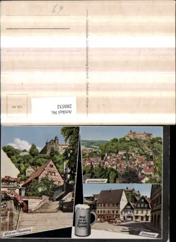 280532,Gruß aus d. Bierstadt Kulmbach Totale m. Schloss Plassenburg Holzmarkt Brunnen Mehrbildkarte