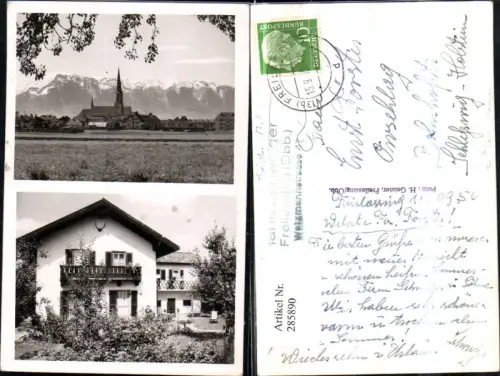 285890,Freilassing Teilansicht Kirche Bergkulisse Fam. Schweiger Hausansicht Mehrbildkarte