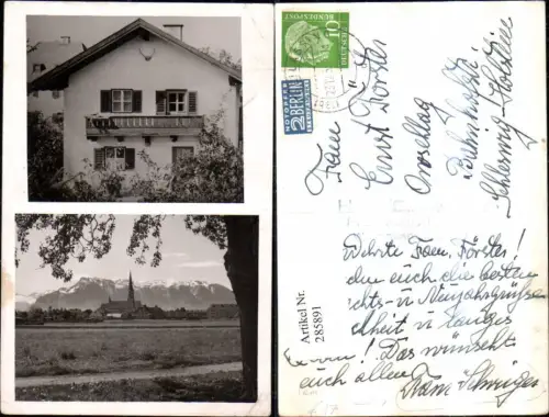 285891,Freilassing Teilansicht Kirche Bergkulisse Fam. Schweiger Hausansicht Mehrbildkarte