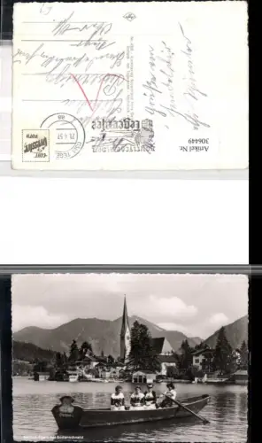 306449,Rottach-Egern Teilansicht Kirche m. Bodenschneid Boot Ruderboot Frauen in Tracht