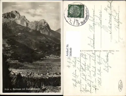 569649,Foto Ak Krün u. Barmsee m. Zugspitzmassiv