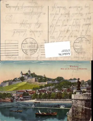 575537,Würzburg Blick auf d. Festung m. Mainbrücke Brücke Ruderboot