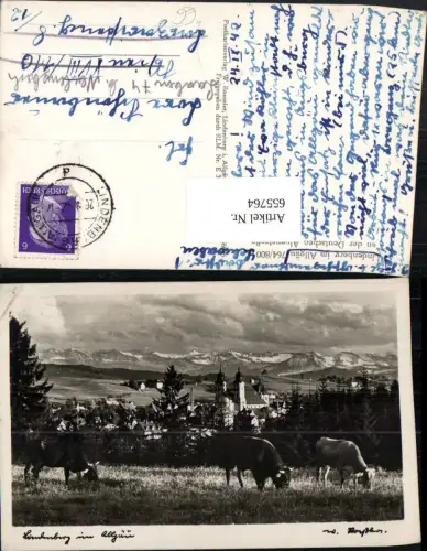 655764,Foto Ak Lindenberg im Allgäu Ansicht m. Kühe Rinder im Vordergrund