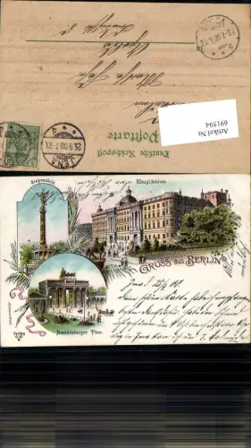 691594 tolle Lithographie Berlin Brandenburger Thor Tor Siegessäule Königl. Schloss pub M. Liemann