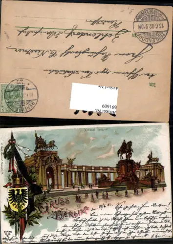 691609 tolle Lithographie Berlin National Denkmal Wappen Patriotik pub G. H.