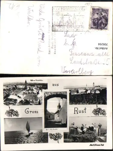 709294 Mehrbild AK Rust Ansichten Störche Segelboot Kirche 1953