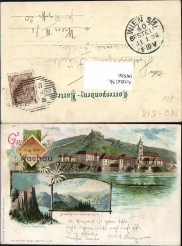 99586,Tolle Litho Gruss aus Wachau Dürnstein Aggstein 1898