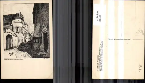 206681,Künstler Ak Ulf Seidl Wachau Strasse u. Rathaus i. Dürnstein