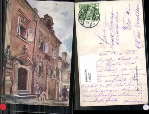 120287,Krems a.d. Donau Haus z. 4 Jahreszeiten E.F. Hofecker sign. Hund Kinder Pudel