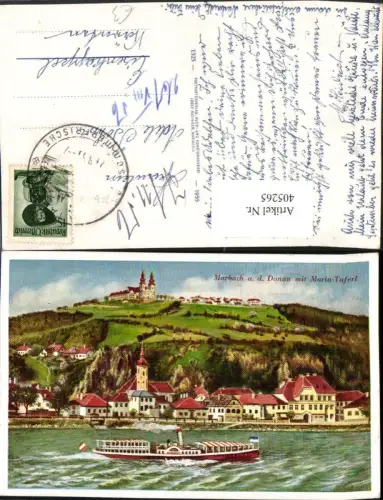 405265,Künstler AK Marbach an d. Donau Totale m. Maria Taferl Dampfer