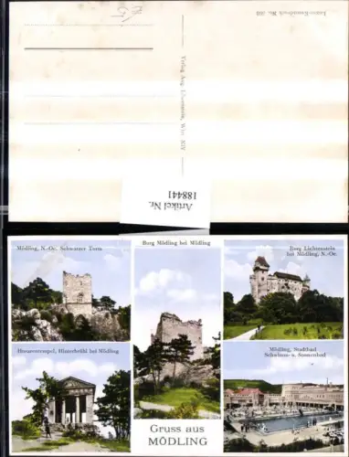 188441,Gruß aus Mödling Schwarzer Turm Burg Lichtenstein Stadtbad Husarentempel Mehrbildkarte