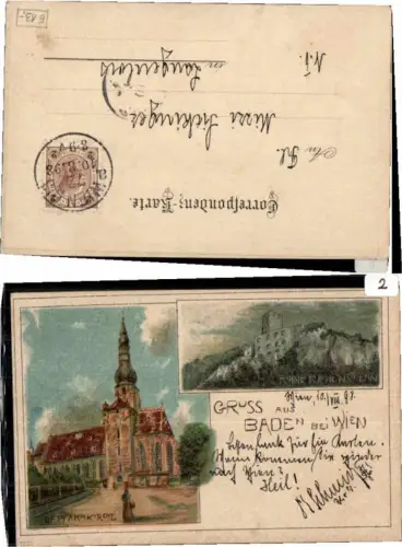 68565,Kunst Litho Gruß aus Baden bei Wien Rauhenstein Kirche 1898