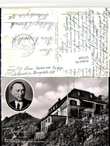 515580,Rhöndorf am Rhein Haus Adenauer m. Drachenfels Portrait Bundeskanzler