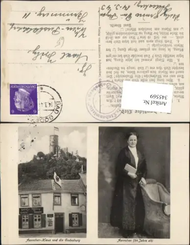 345569,Bonn Bad Godesberg Aennchen-Haus m. Godesburg Frau m. Buch Mehrbildkarte