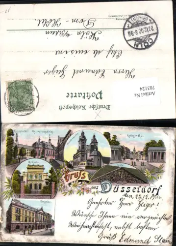 703124 tolle Lithographie Gruss aus Düsseldorf Tonhalle Ratinger Tor Malkasten Kirche