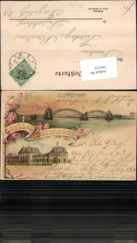 703125 tolle Lithographie Gruss aus Düsseldorf Brücke Bahnhof
