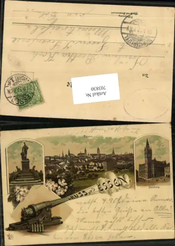 703830 Lithographie Gruss aus Essen Kanone Rathaus pub Zieher Stp. Münstereifel
