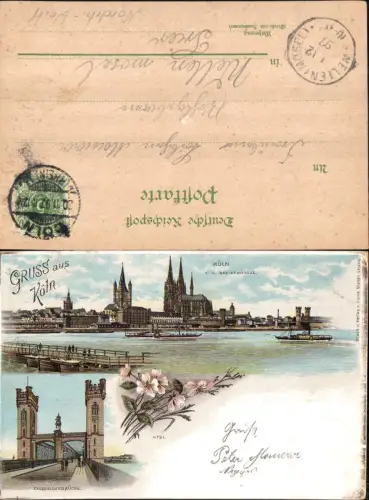 703422 Lithographie Gruss aus Köln am Rhein Eisenbahnbrücke Stp. Wellen Mosel Trier