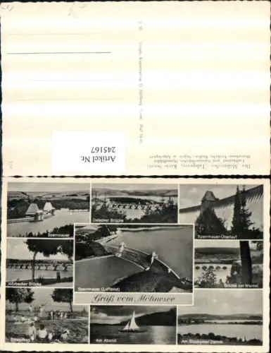 245167,Gruß vom Möhne-See Sperrmauer Strandbad Brücke Segelboot Stockumer Damm Mehrbildkarte