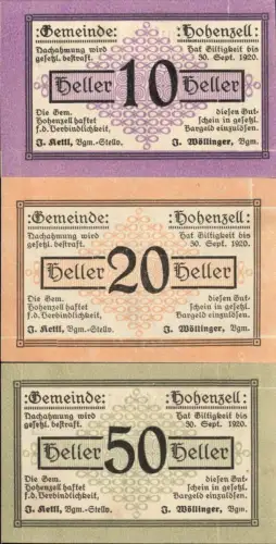 356065,3 Scheine Notgeld Hohenzell Heller 10,20,50