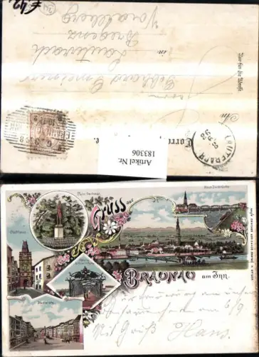 183306,Litho AK Gruß aus Braunau a. Inn Neue Innbrücke Palm Denkmal Stadthaus Brücken Portal Stadtplatz Mehrbildkarte