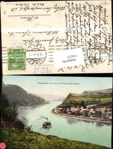 156215,Linz Puchenau Donaupartie v. Linz m. Franz Josefs Warte Schiff Dampfer 1914