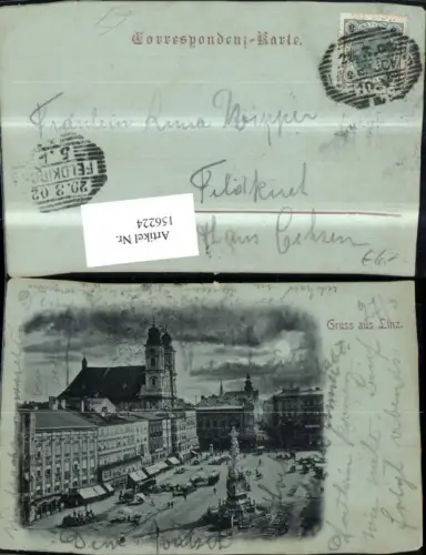 156224,Linz Franz Josef Platz Hauptplatz Ansicht Säule Strassenbahn Kutsche Personen b. Mondschein 1902