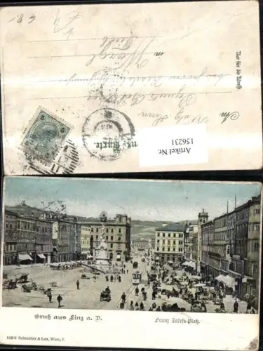 156231,Linz Franz Josef Platz Hauptplatz Ansicht Säule Strassenbahn Kutsche Personen pub Schneider Lux