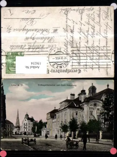 156234,Linz Volksgartensalon u. Cafe Habsburg Ansicht m. Handkarren u. Personen Kutsche 1911
