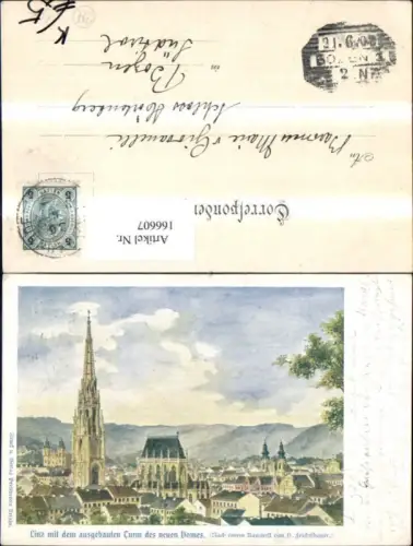 166607,Linz m. d. Ausgebauten Turm d. Neuen Domes Dom Künstler Ak sign H. Feichtlbauer