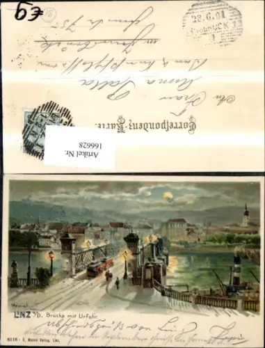 166628,Linz Brücke m. Urfahr b. Monschein Strassenbahn Brücke 1901 Künstler Ak