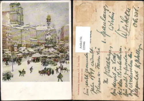 225946,Künstler AK Linz a. d. Donau Hauptplatz Winterbild Pestsäule Markt pub Heimatwerk Oberdonau