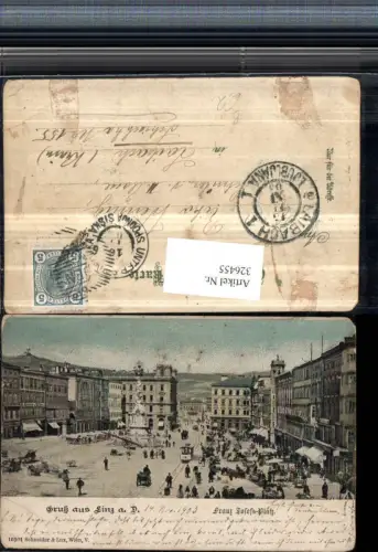 326455,Gruß aus Linz an d. Donau Franz Josefs-Platz Pestsäule Geschäfte