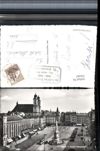 326587,Linz an d. Donau Hauptplatz Pestsäule Kirche Straßenbahn Geschäfte