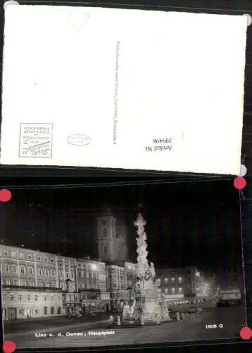 399496,Linz an d. Donau b. Nacht Hauptplatz Dreifaltigkeitssäule Pestsäule Autobus Bus