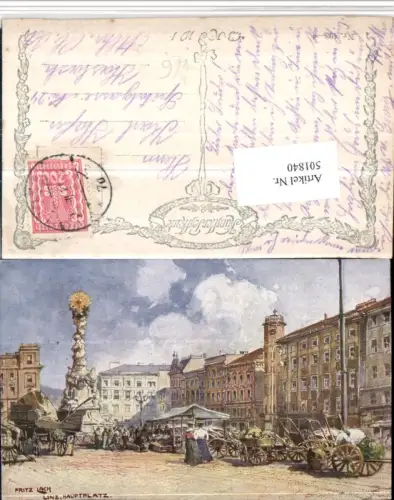 501840,Künstler AK Fritz Lach Linz Hauptplatz Pestsäule pub B.K.W.I. 403euro4