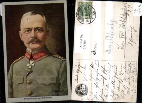 216406,Künstler Ak G. Hornert Kriegsminister Erich v. Falkenhayn