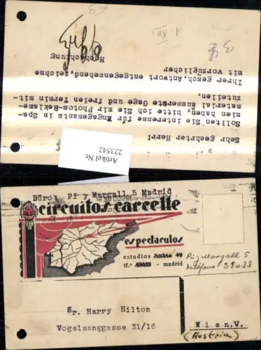 223542,Reklame Beleg Circuito s carcelle espectaculo Madrid n. Harry Hilton Wien