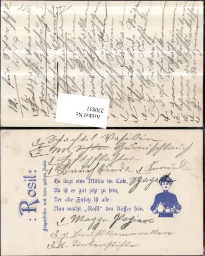 230831,Reklame Werbung Rosil Feigenkaffee m. d. Gelben Band Spruch Text Frau b. Tablett