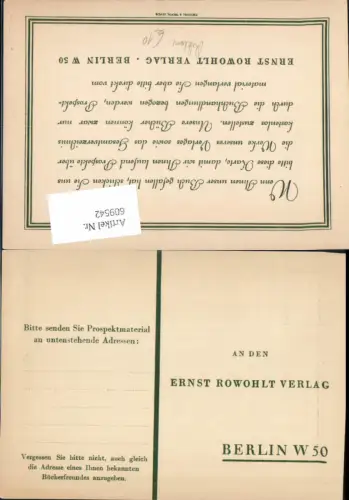 609542,Reklame AK Ernst Rowohlt Verlag Berlin Reklame Postkarte