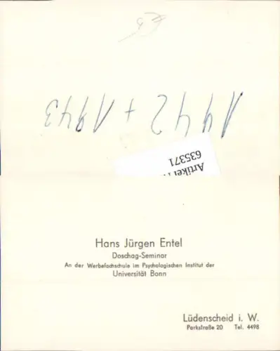 635371,Visitenkarte Lüdenscheid in Westfalen Universität Bonn