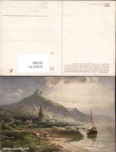 365409,Künstler AK N. Astudin Braubach am Rhein Teilansicht m. Burg Segelboot