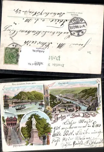 Lithographie Bad Ems Malberbahn Kaiser Wilhelm Denkmal pub Mehner e Maas 434