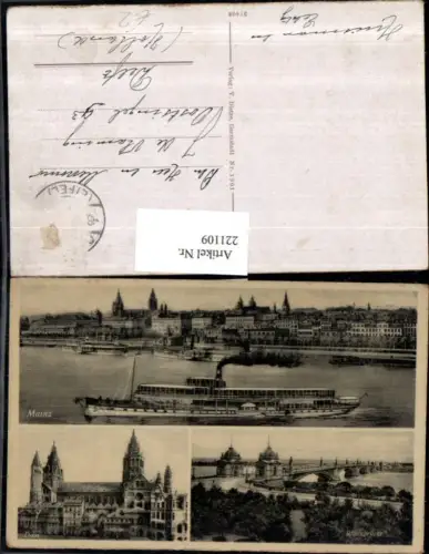221109,Mainz Teilansicht Dom Rheinbrücke Brücke Dampfer Mehrbildkarte