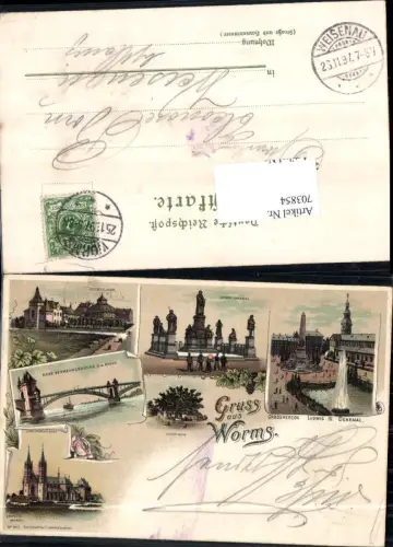 703854 Lithographie Gruss aus Worms Brücke Denkmal pub Lautz e Isenbeck 1457