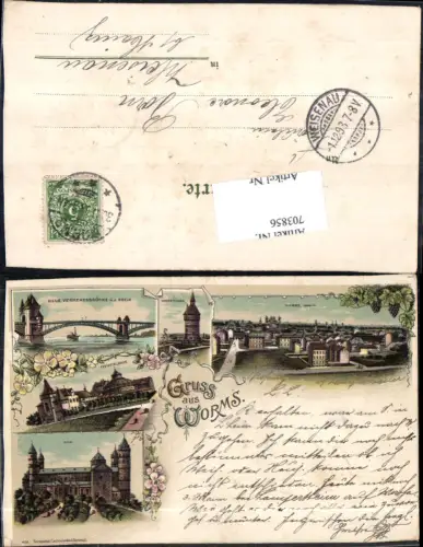 703856 Lithographie Gruss aus Worms Dom Brücke Thurm pub Lautz e Isenbeck 1456