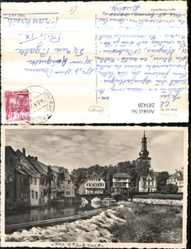 283420,Bad Kreuznach Blick zu den Brückenhäusern Brücke Wehr pub Stengel e Co