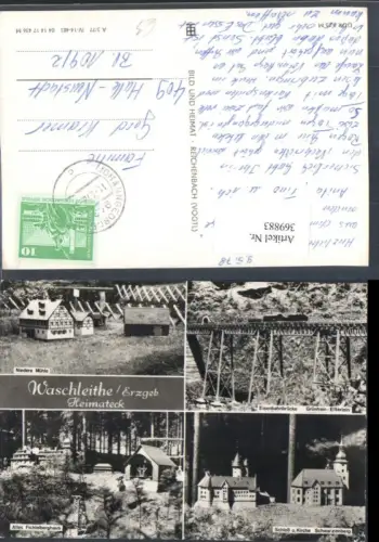 369883,Waschleithe im Erzgebirge Heimateck Miniatur Mühle Brücke Kirche Schloss Mehrbildkarte