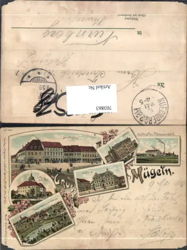 703863 Lithographie Gruss aus Mügeln Rathaus Marktplatz Fabrik pub Winkler e Voigt