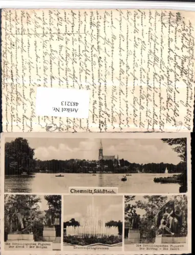 483213,Chemnitz Kirche Schlossteich Brunnen Statuen Mehrbildkarte